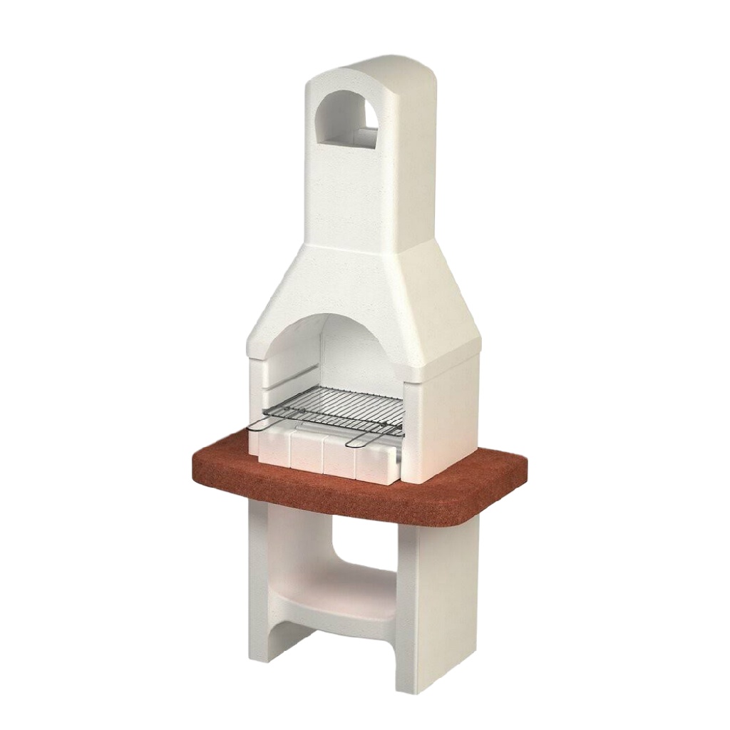 Barbecue fixe en béton blanc et brique rouge – foyer extérieur avec hotte