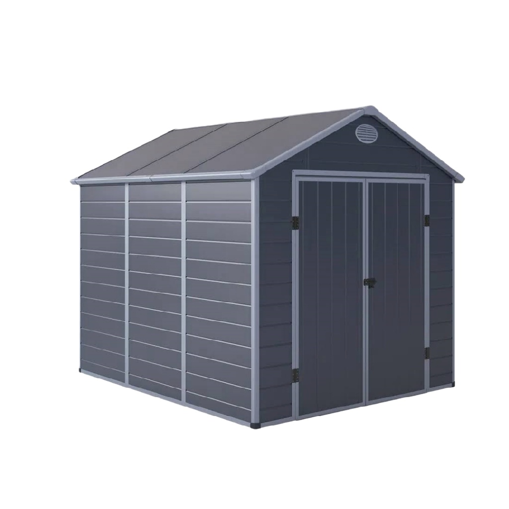 Abri de jardin en résine imitation bois — 6,1 m² — double porte — gris anthracite