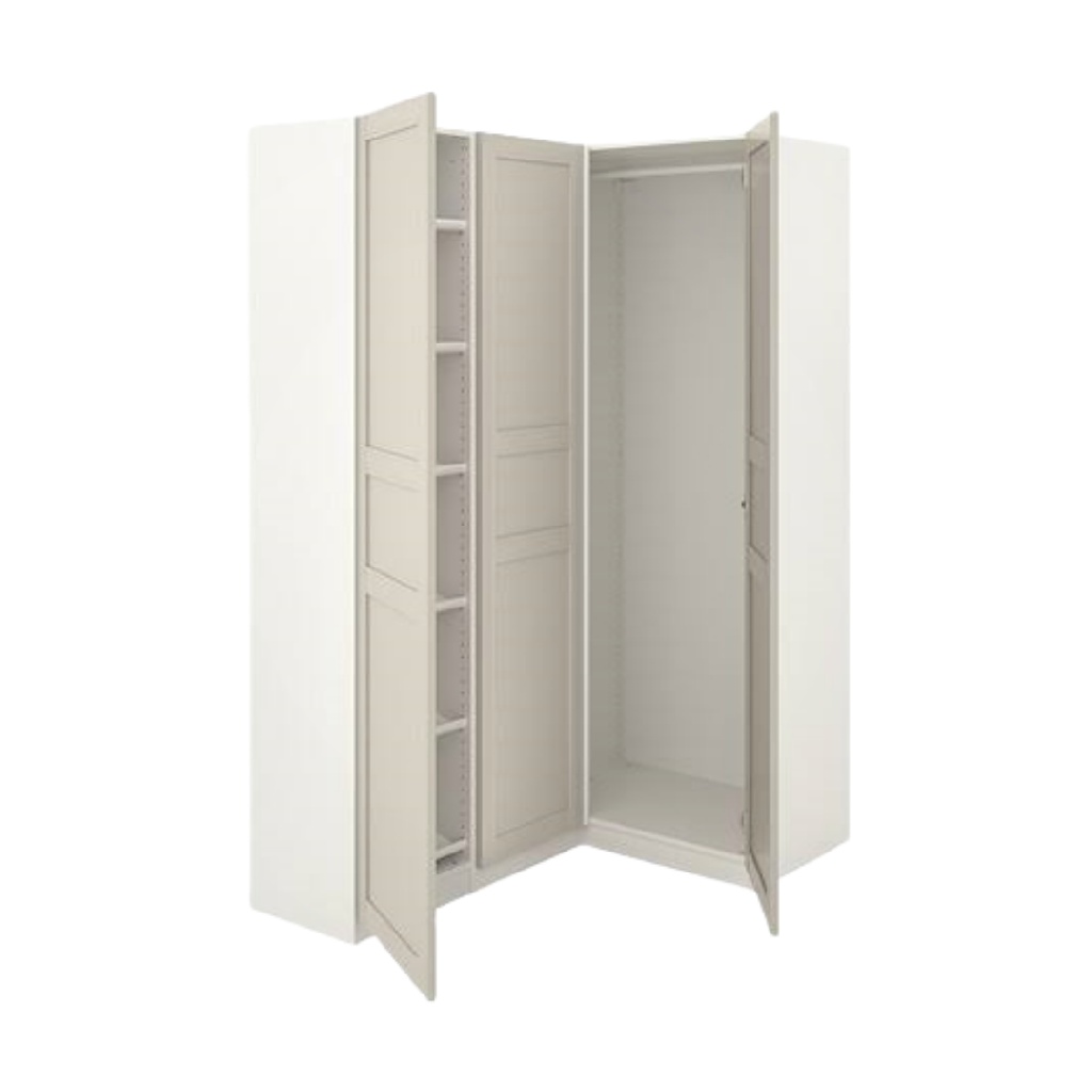 Armoire d’angle blanche et beige à portes battantes – design gain de place – 120×120×236 cm