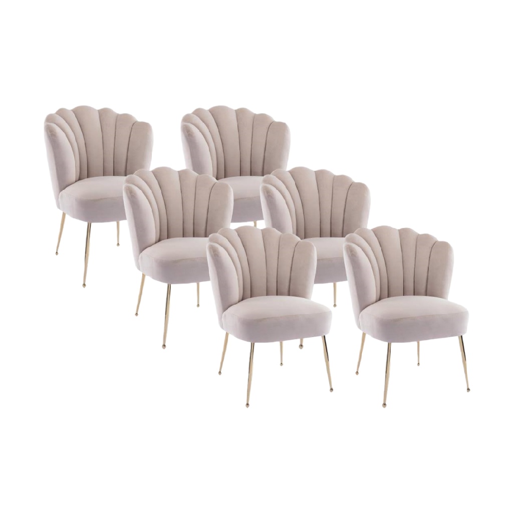 Lot de 6 chaises en velours beige style coquillage avec pieds dorés