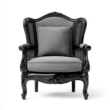 Fauteuil en bois noir avec coussin gris