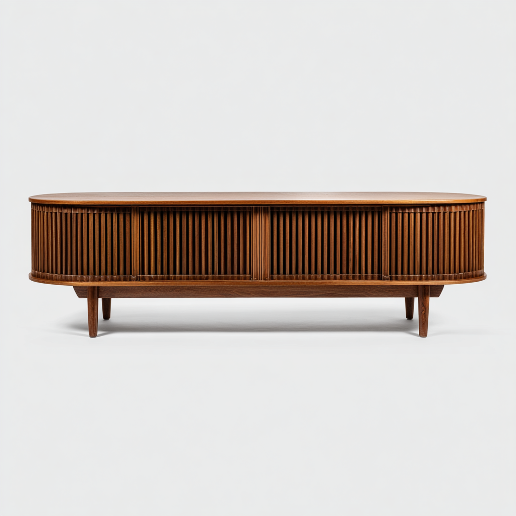 Meuble TV bas en bois à coins arrondis avec portes coulissantes rainurées – Design rétro scandinave