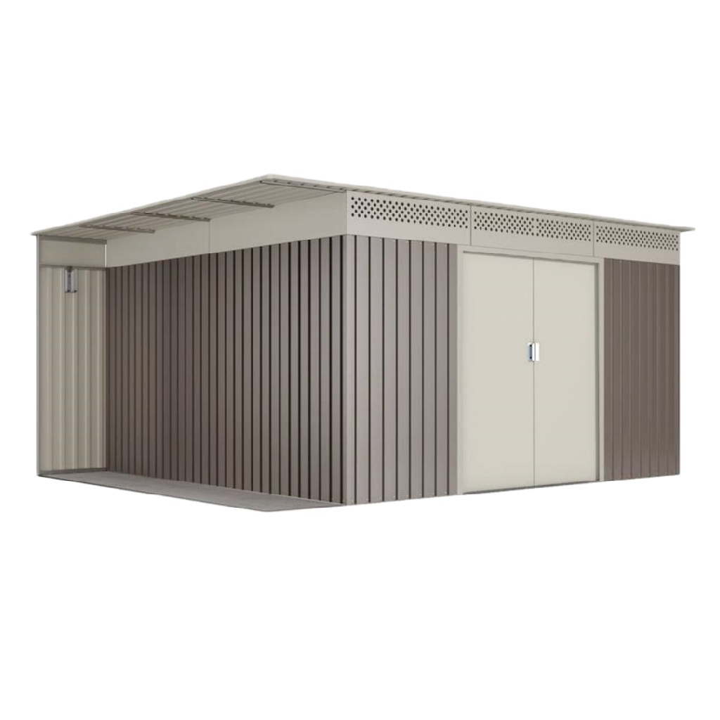Abri de jardin en acier galvanisé avec appentis — 10,2 m² — toit plat — double porte — beige et marron