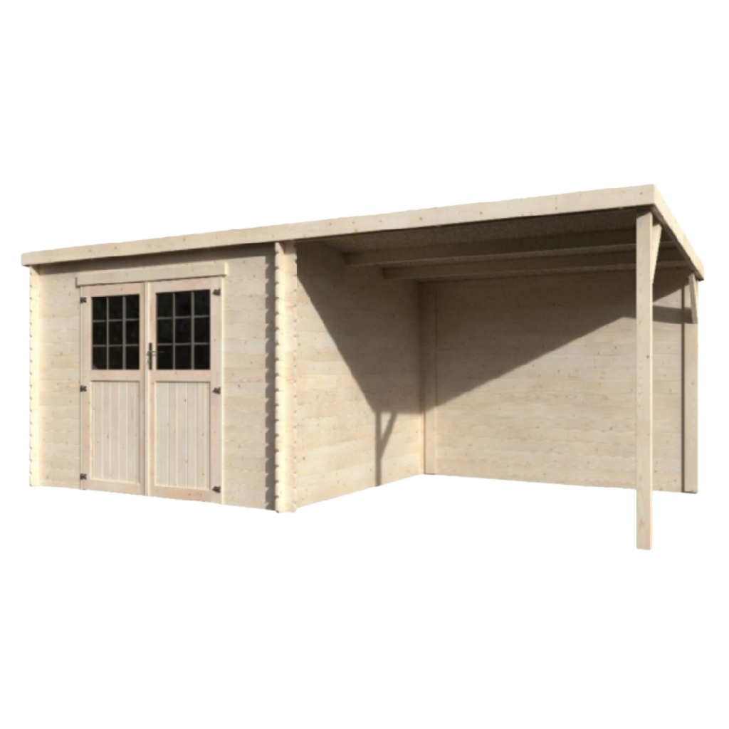 Abri de jardin en bois avec auvent latéral – double porte vitrée – toit plat – couleur naturelle