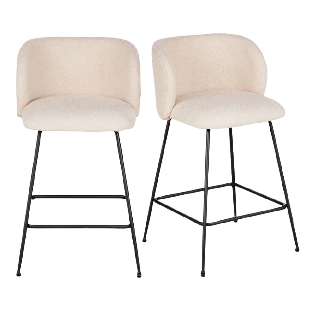 Lot de 2 tabourets de bar en tissu bouclette blanc cassé et métal noir