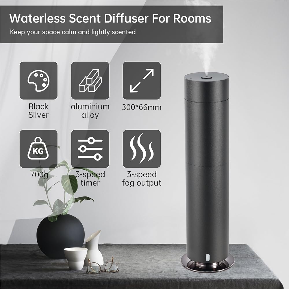 Flycross Diffuseur Huiles Essentielles, humidificateurs à ultrasons pour Grande pièce, Couvercle Métallique, Diffuseur Parfum Maison avec Commutation Automatique, Le Noir : Hygiène et Santé