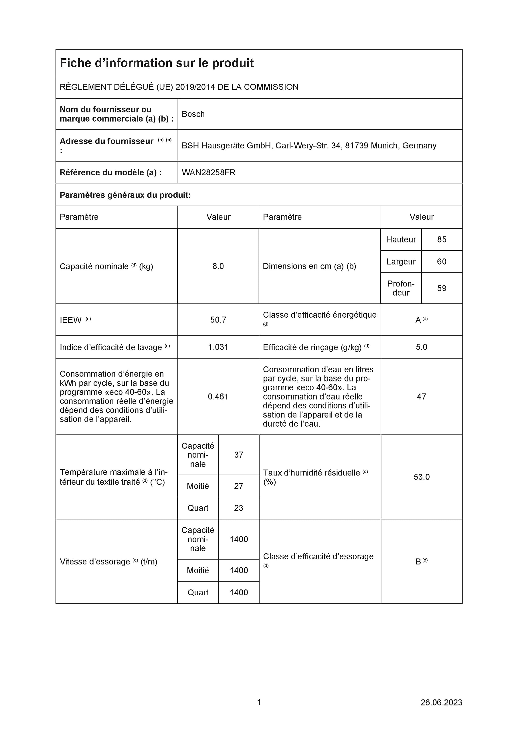 Bosch WAN28258FR, Série 4, Lave linge hublot, 8 kg, 1400 trs/min, Blanc