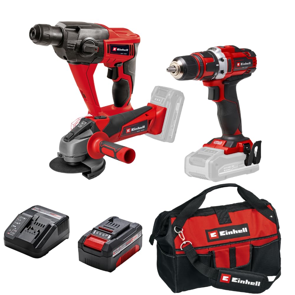 Einhell Pack 3 machines sans fil - Power X-Change (Meuleuse d'angle TC-AG 18/115, Marteau perforateur TE-HD 18, Perceuse-visseuse TE-CD 18/40) + Charg