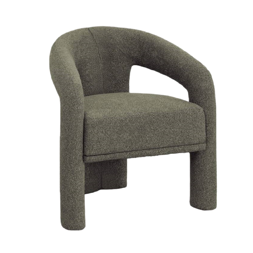Chaise moderne en tissu bouclette vert kaki avec dossier arrondi – Style contemporain et confortable
