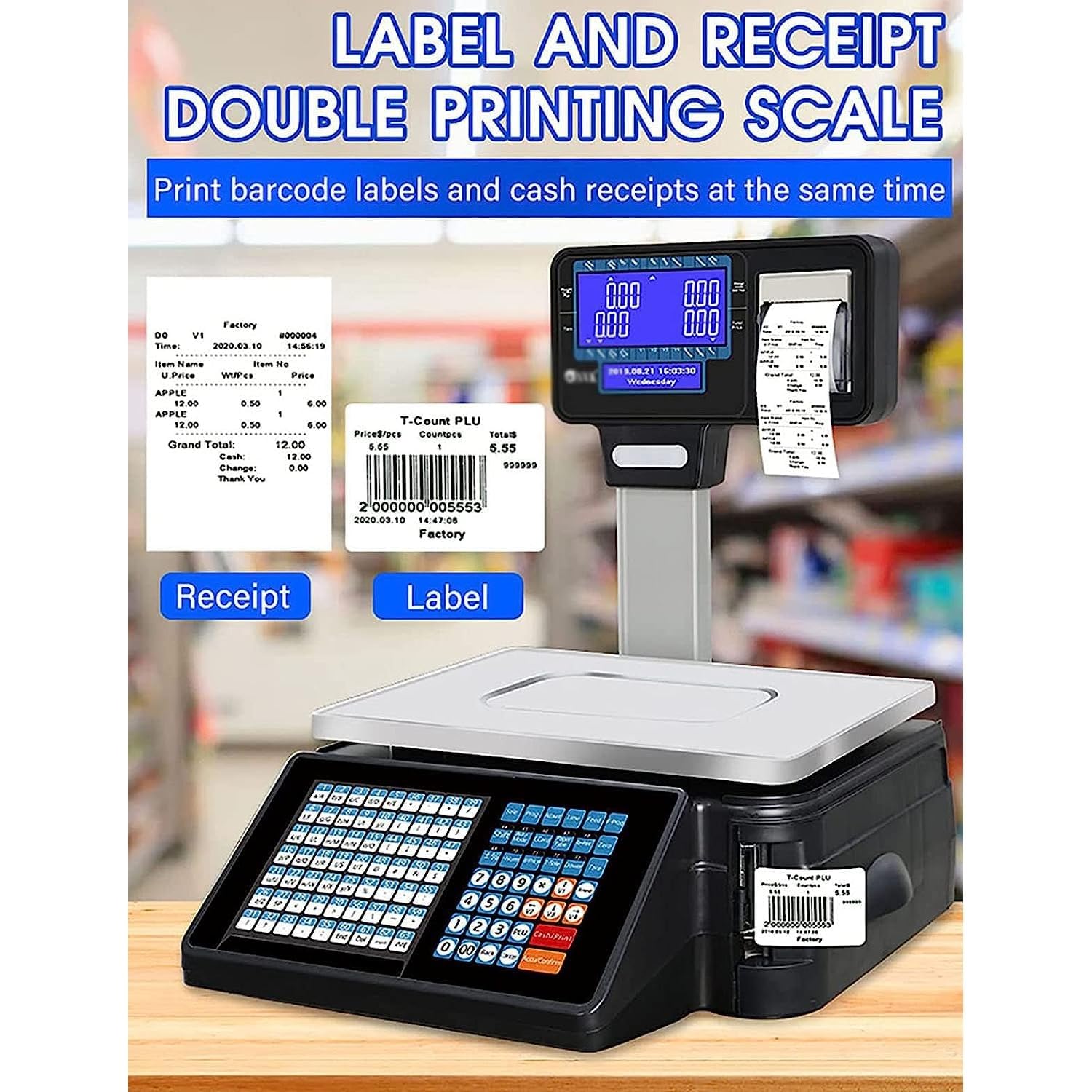 Balance d'impression numérique d'étiquettes de prix, balance d'impression d'étiquettes électroniques avec imprimante de reçus de codes à barres, caisse enregistreuse à écran LCD double face de 30 kg ( : Fournitures de bureau