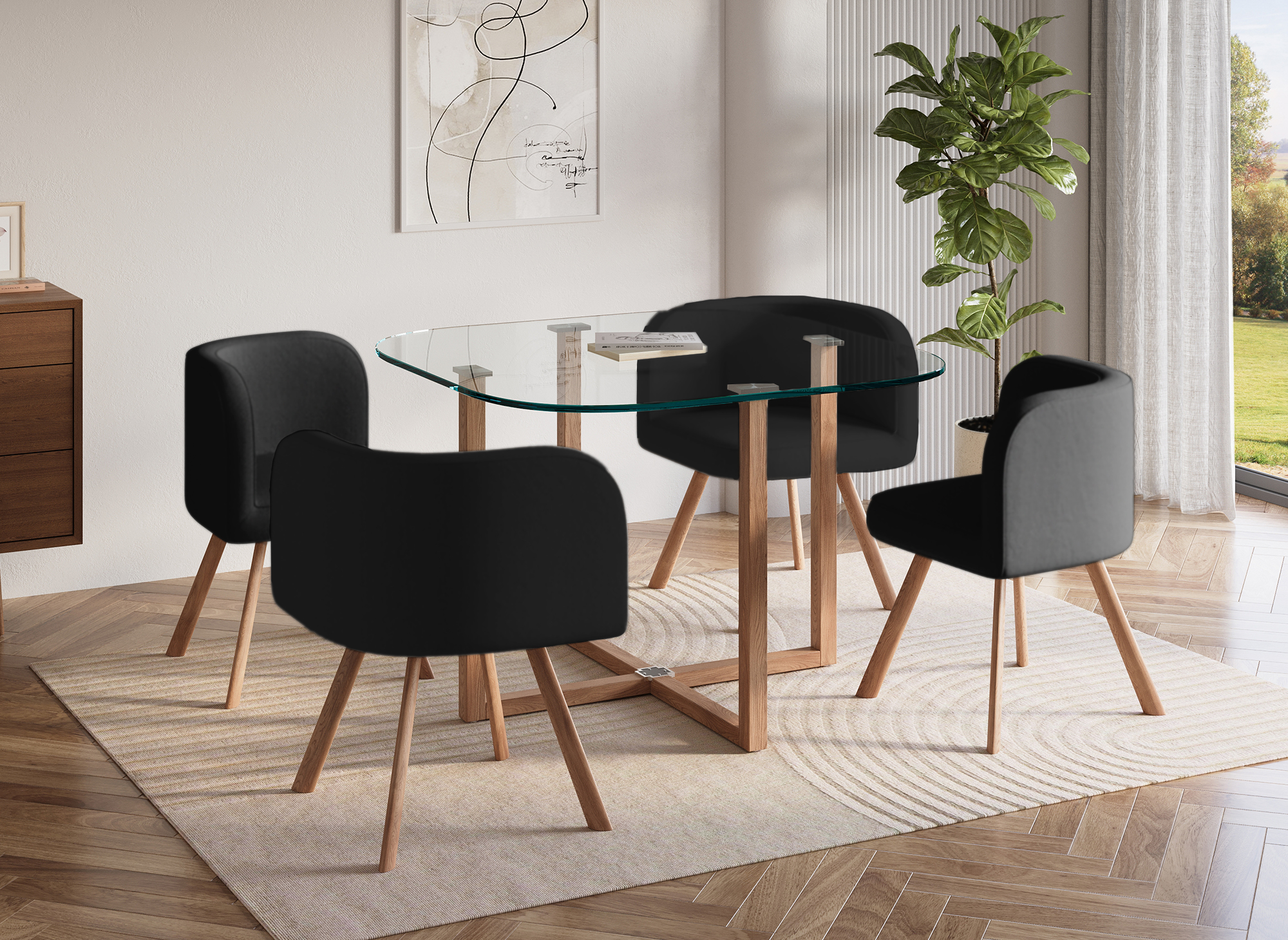 FLEN Ensemble table + 4 chaises encastrables noires FLEN