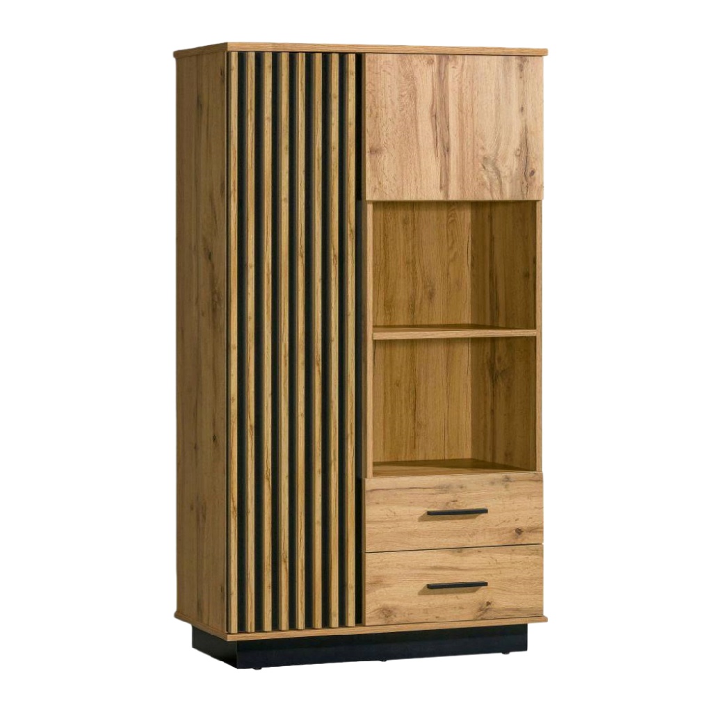 Armoire moderne chêne doré et noir à portes, étagères et tiroirs – 90×40×180 cm