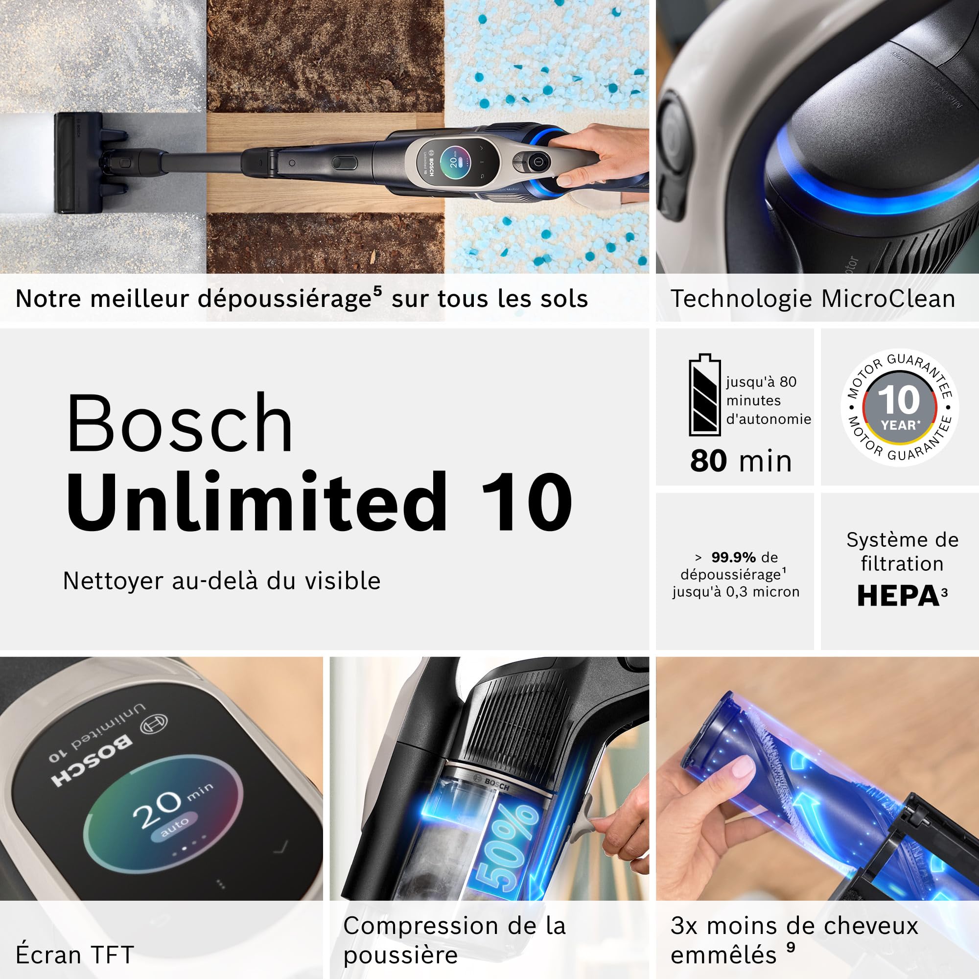 Bosch, aspirateur Balai sans Fil, Unlimited 10, Batterie 4.0 Ah, Technologie MicroClean, bac à poussière Facile à Vider, Tube Flexible, éclairage LED,
