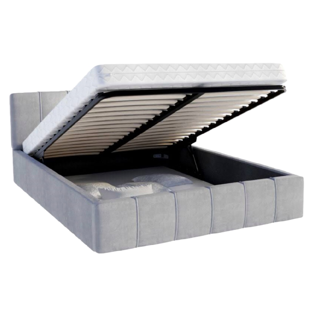 Lit coffre en velours gris avec ouverture assistée — Style moderne et fonctionnel