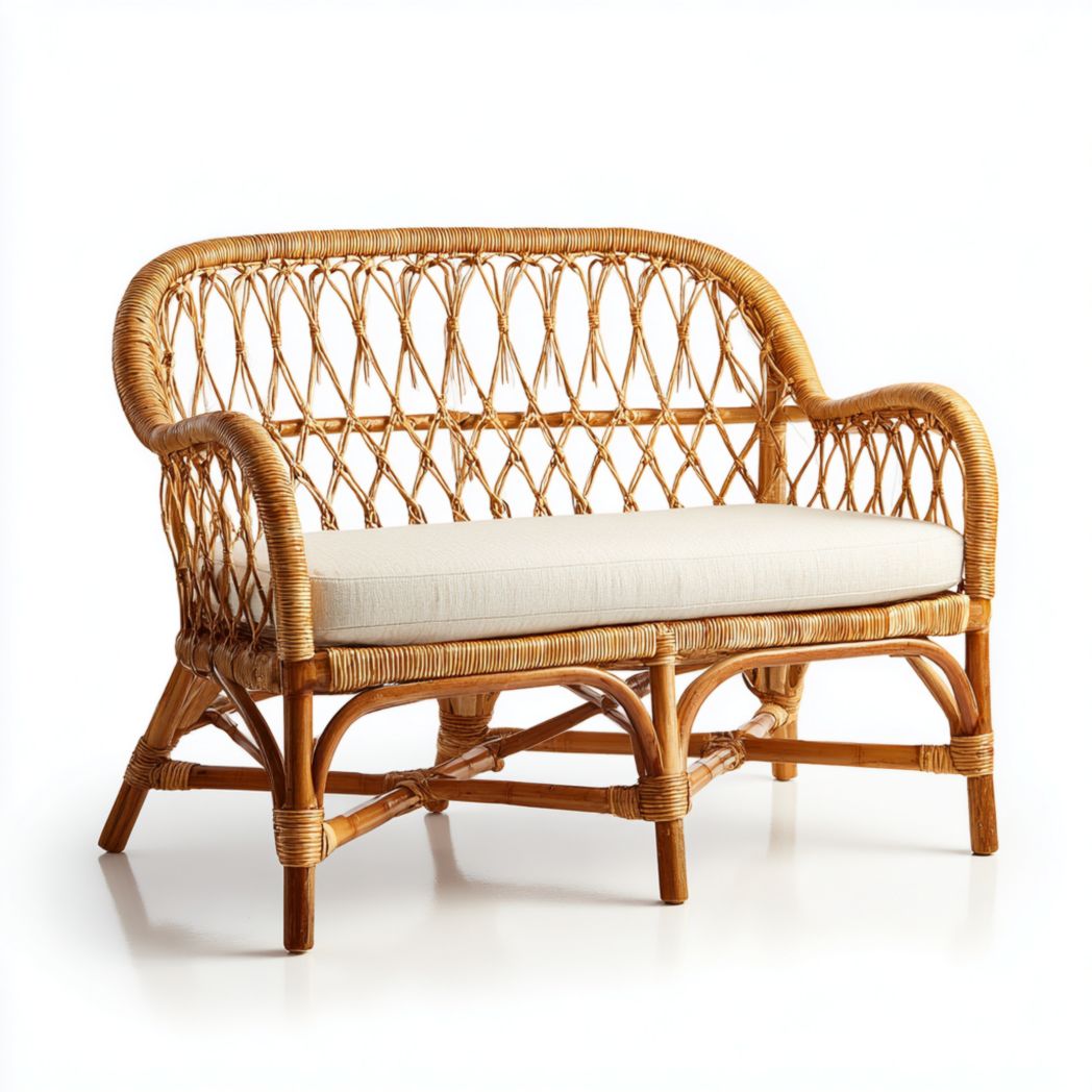 Canapé 2 places en rotin avec coussin d’assise beige