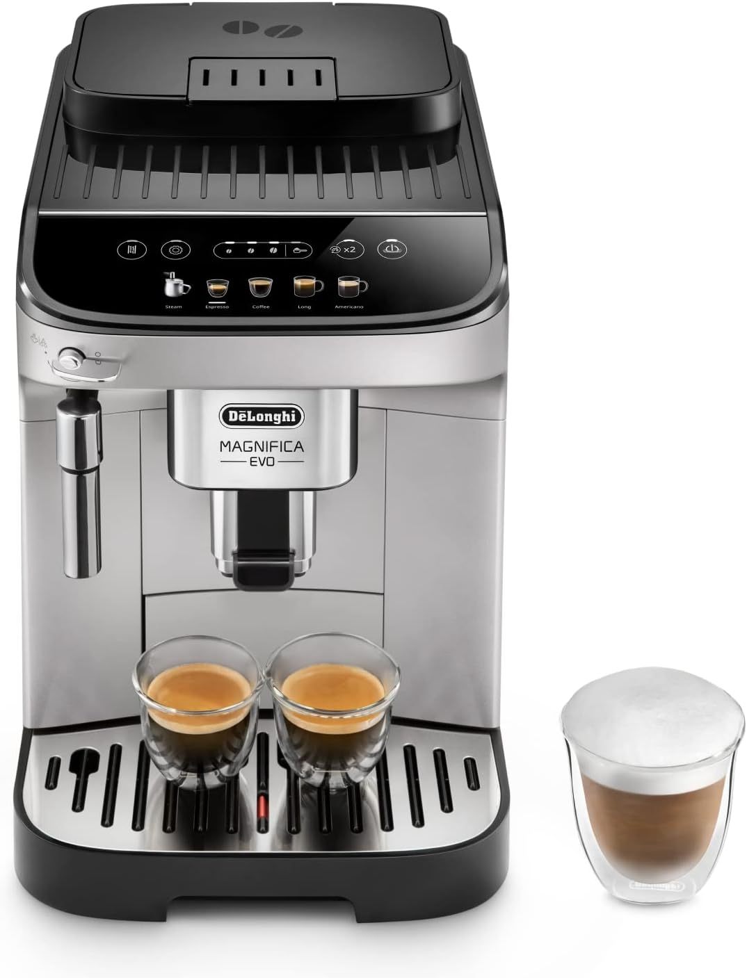 De'Longhi Magnifica Evo ECAM 292.33.SB Kaffeevollautomat mit Milchaufschäumdüse, 5 Direktwahltasten für Espresso,Kaffee und Kaffeespezialitäten, intuitives Bedienfeld,2-Tassen-Funktion,Silber/Schwarz