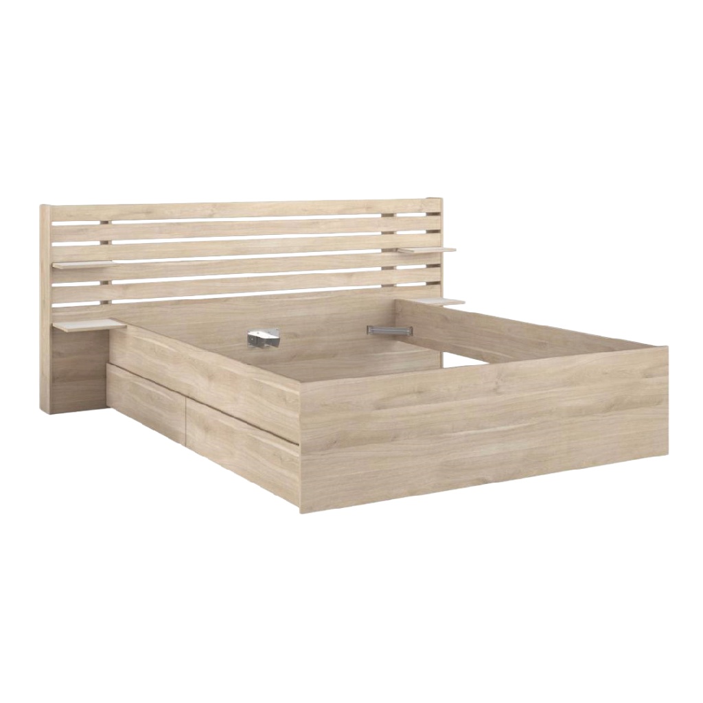 Lit double en bois clair avec rangement et tête de lit à étagères — Style moderne
