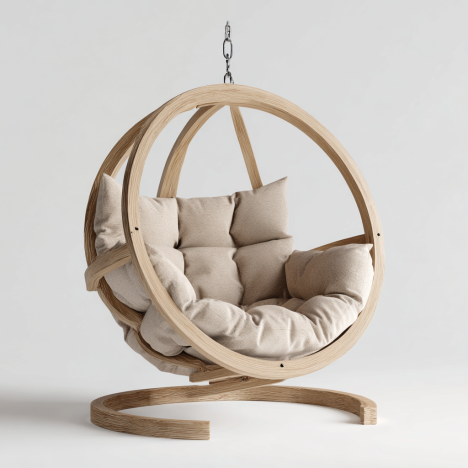 Fauteuil suspendu sphérique avec structure en bois et coussins beiges