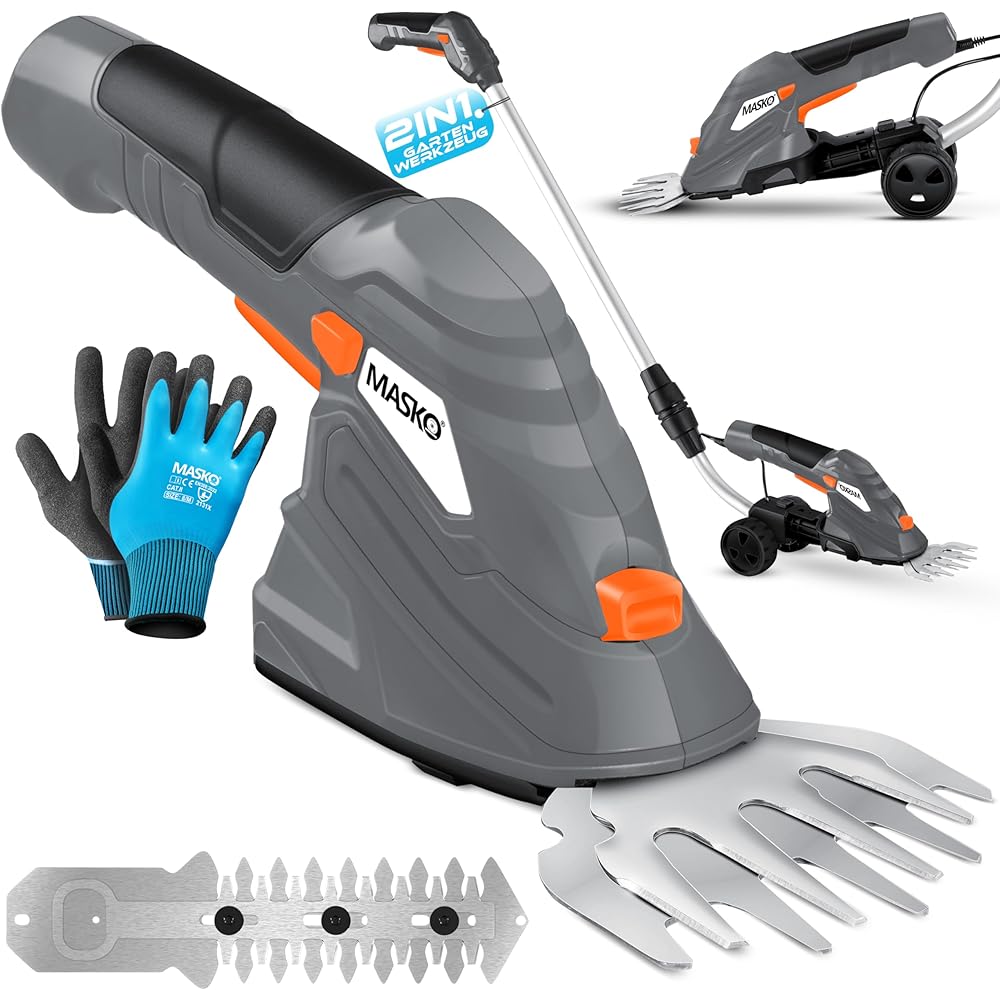 Masko® Cisaille à Gazon | Cisaille à arbustes + Gants, Set avec Batterie 7,2 V 2 000 mA/h et Chargeur | Taille-haie électrique de Jardin | Ciseaux à Gazon avec Lame à Herbe, Lame pour arbuste, Gris : Jardin