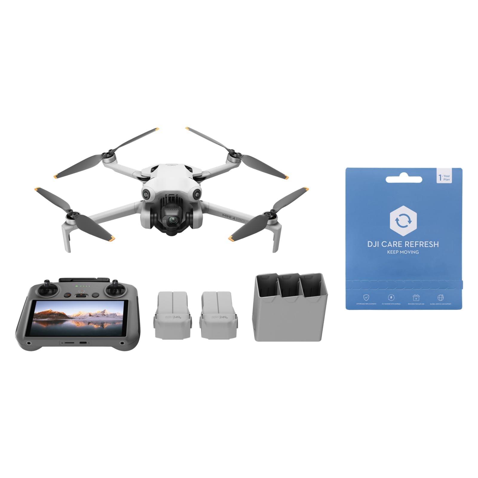 DJI Mini 4 Pro Fly More avec DJI RC 2 + Card Care Refresh 1-Year Plan, Mini Drone Pliable avec Caméra 4K, Moins de 0,549 lb/249 g, Temps de Vol de 34