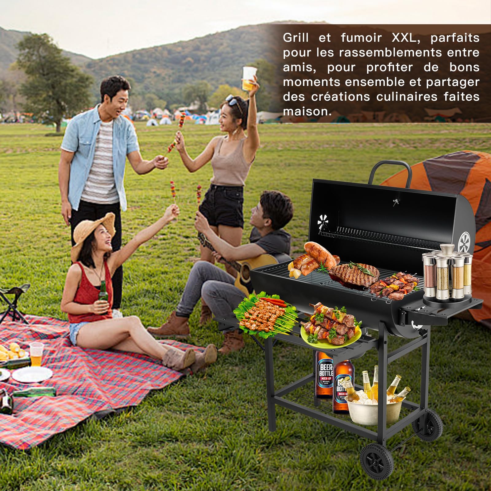 TEENO Barbecue Charbon de Bois,avec Grille de Cuisson XXL,Gants Anti-BrûLures, ThermomèTre,Tiroir à Cendres, éVent RéGlable,Grand Barbecue au Charbon de Bois (Basic)