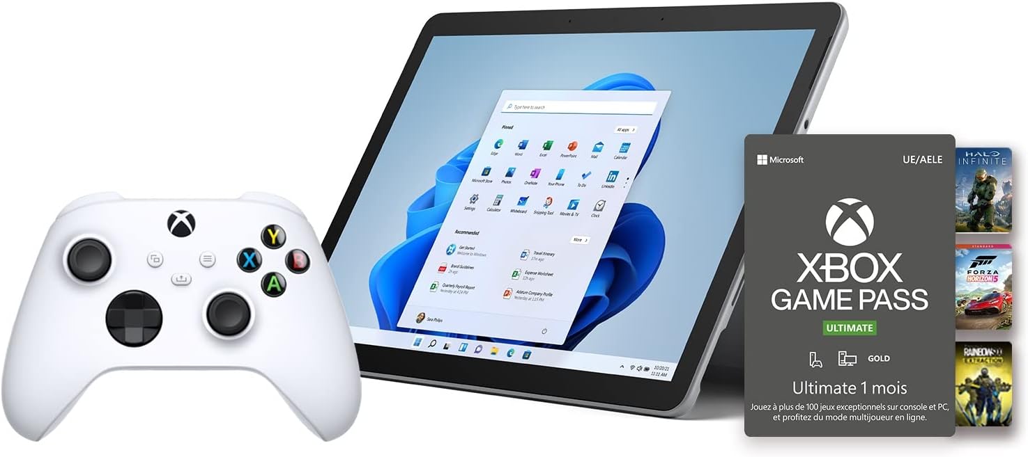 Microsoft Pack Gaming Surface Go 3(Windows 11, écran 10.5'', 8 Go RAM, 128 Go SSD, Intel Pentium Gold, WiFi, Platine) + Manette Xbox Blanche sans Fil-Robot White-avec Game Pass Ultimate 1 Mois Inclus