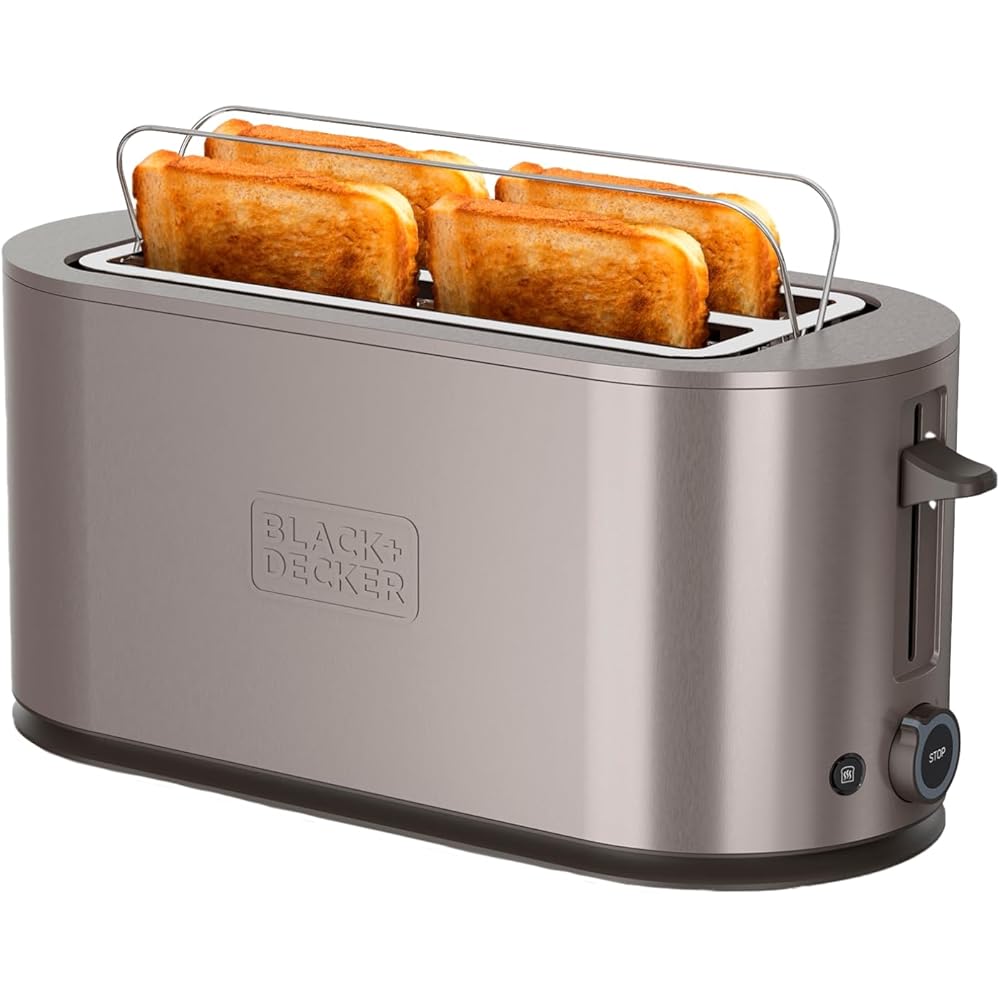 Black+Decker - Grille-Pain Extra Large 1500W | Fentes grandes 260x42mm | 7 Niveaux de Brunissage | 6 Bandes de Mica Incandescent | 3 Fonction Intégrées | Support Pliable pour Viennoiseries : Cuisine et Maison