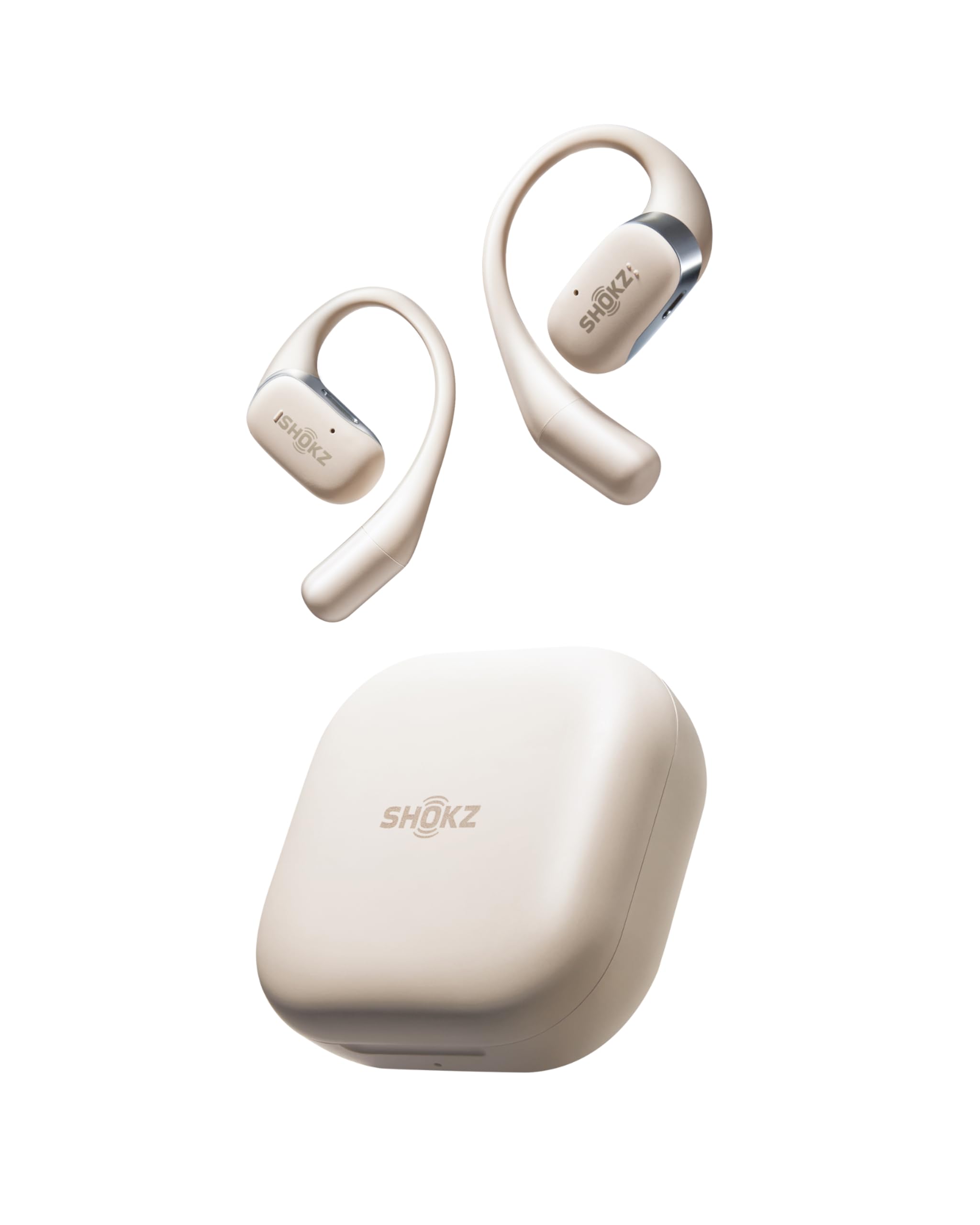 SHOKZ OpenFit Casque Oreilles Libres, écouteurs Bluetooth sans Fil avec Microphone, écouteurs avec Crochet d’oreille, Charge Rapide, 28 Heures d’autonomie, IP54 étanche, Sac de Transport, Beige