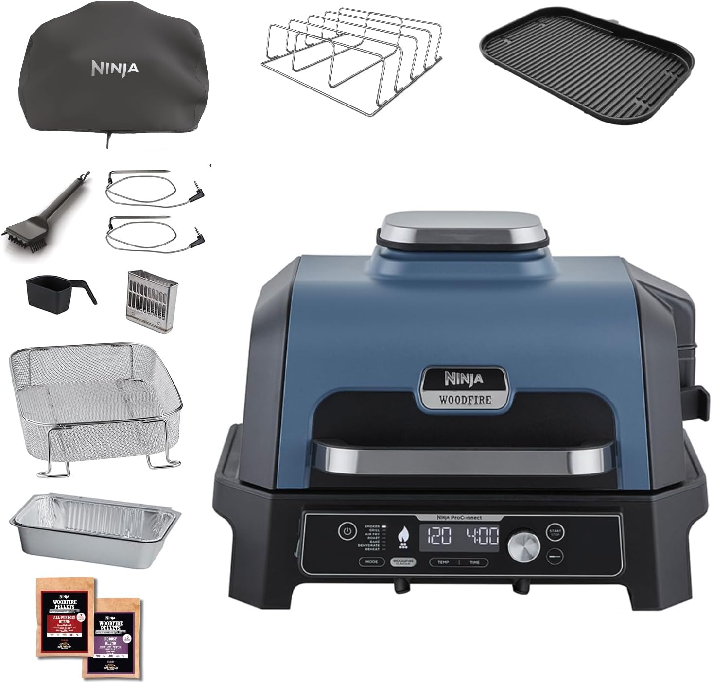 Ninja Woodfire Pro Connect XL Barbecue Électrique & Fumoir avec Contrôle d'Application, 2 Sondes, Grille, Housse, Revêtements & Brosse, Grill & Friteuse sans huile 7-en-1, Bleu & Noir OG901EUAMZ
