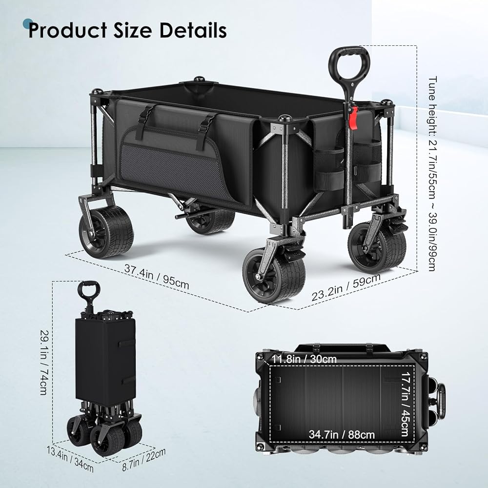 Taphnw 135L Chariot de Transport Pliable, Chariot Jardinage de Plage avec Poignée Réglable, Charge maximale de 120 kg, Tissu Oxford 600D, Voiture Pliante pour Tous Les terrains, Camping, Pique (Noir) : Jardin