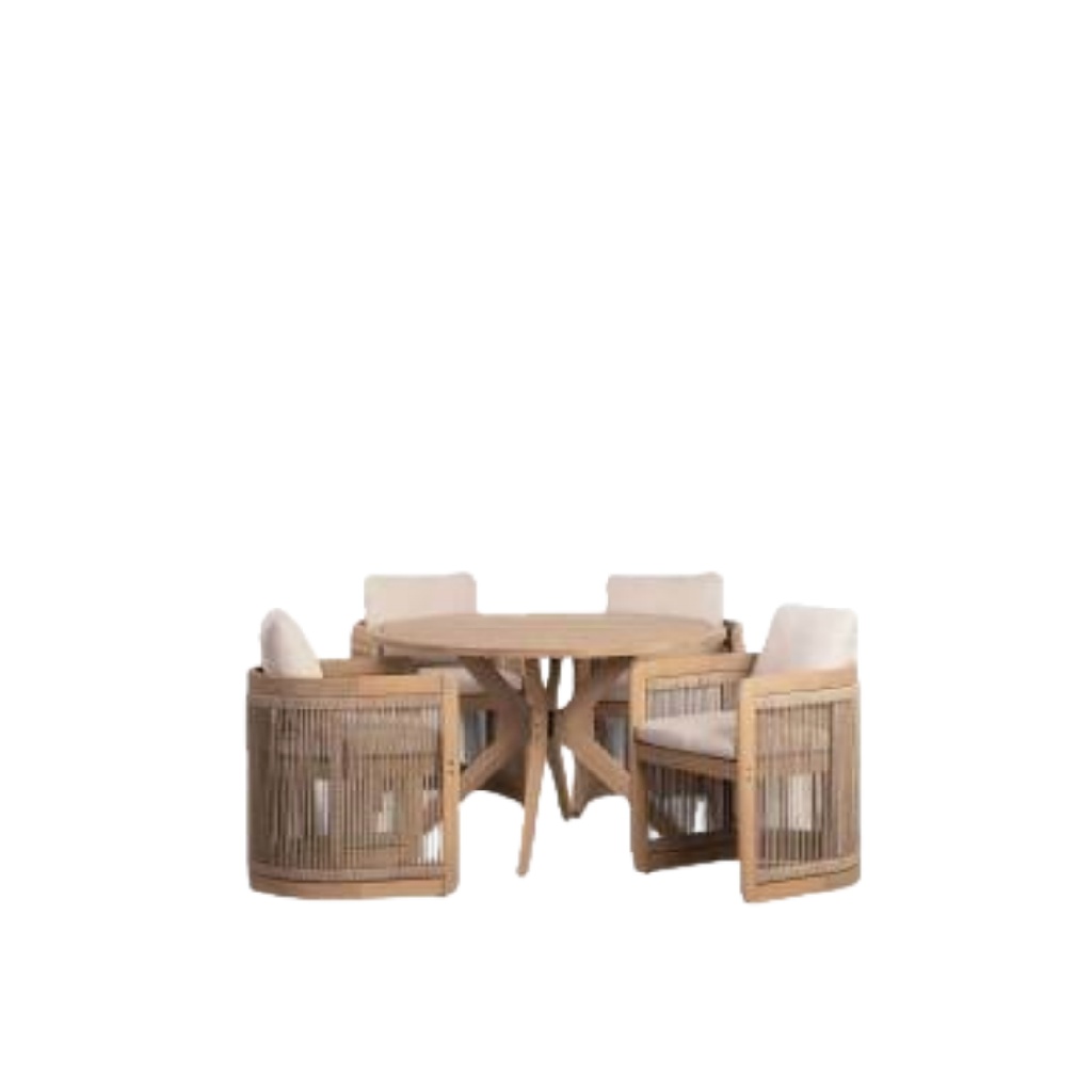 Ensemble de salle à manger de jardin 5 pièces en bois naturel et corde tressée – Table ronde avec 4 fauteuils