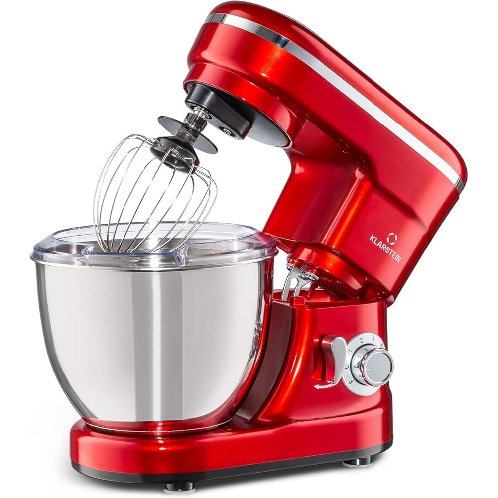 KLARSTEIN Bella - Robot patisserie, Robot cuisine, Petrin a pain, 6 niveaux de puissance, Fonction Pulse, Système planétaire, Bol en acier inoxydable, 3 pcs, 1200 W - Rouge : Cuisine et Maison