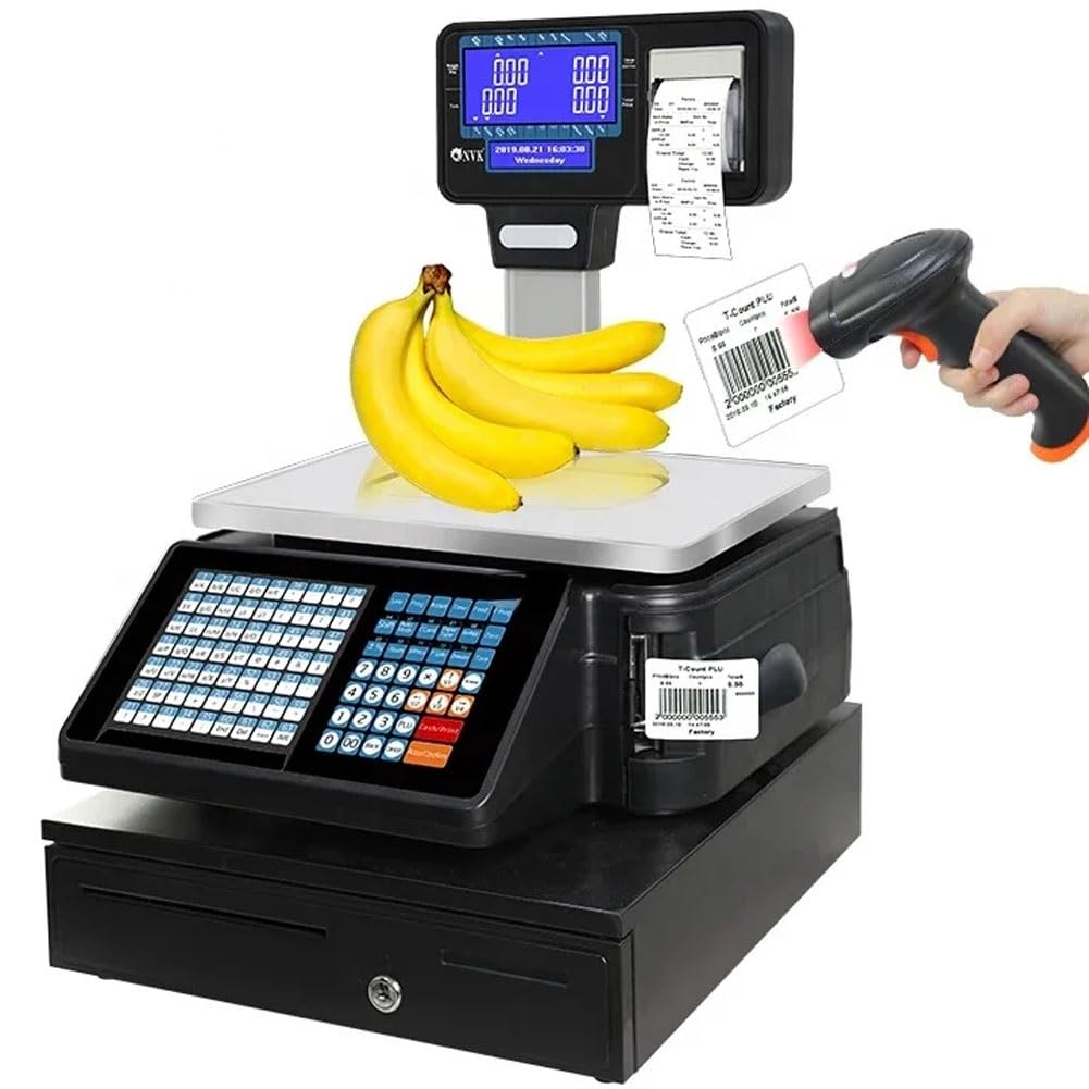 Balance d'impression numérique d'étiquettes de prix, balance d'impression d'étiquettes électroniques avec imprimante de reçus de codes à barres, caisse enregistreuse à écran LCD double face de 30 kg ( : Fournitures de bureau