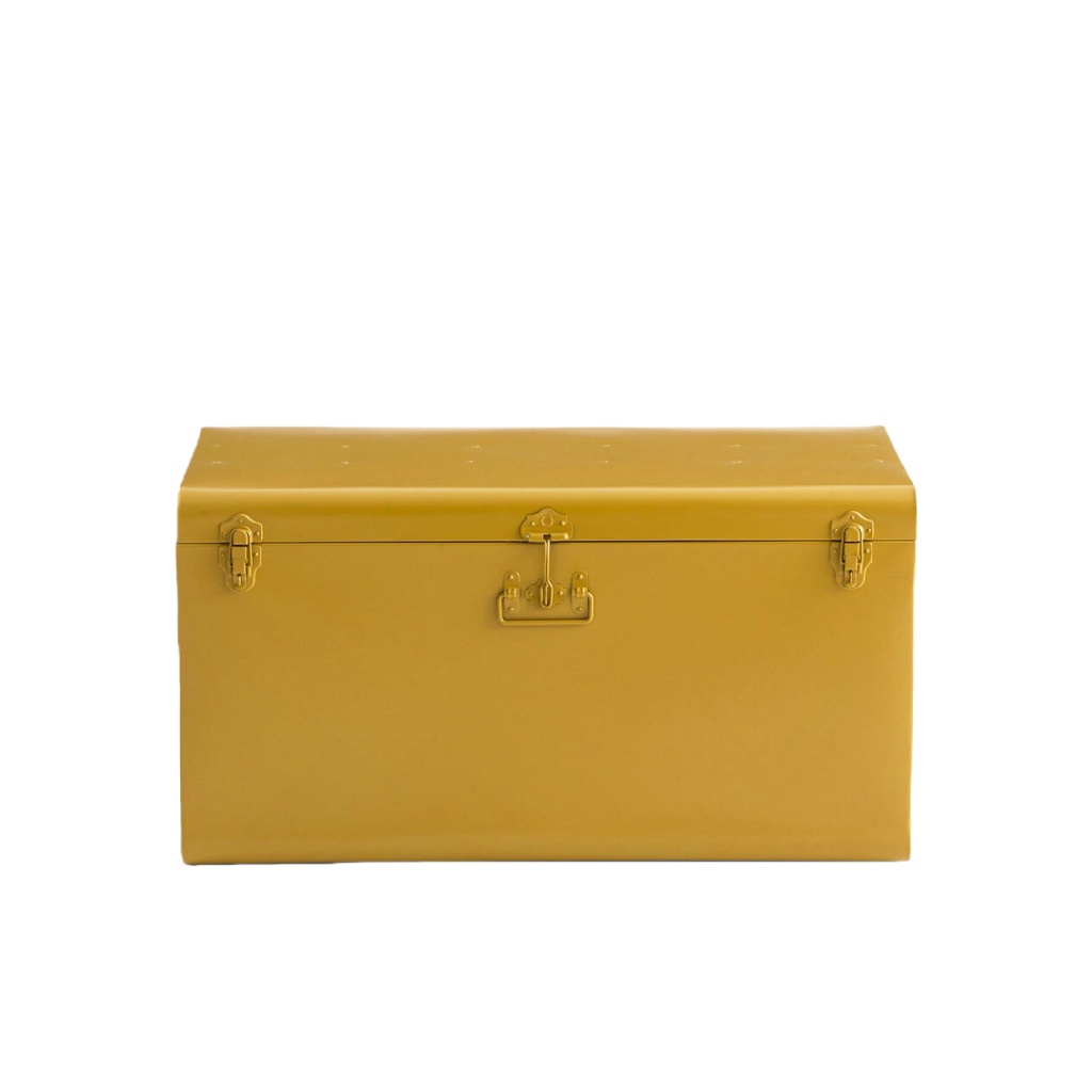 Coffre de rangement en métal jaune moutarde — style industriel / rétro