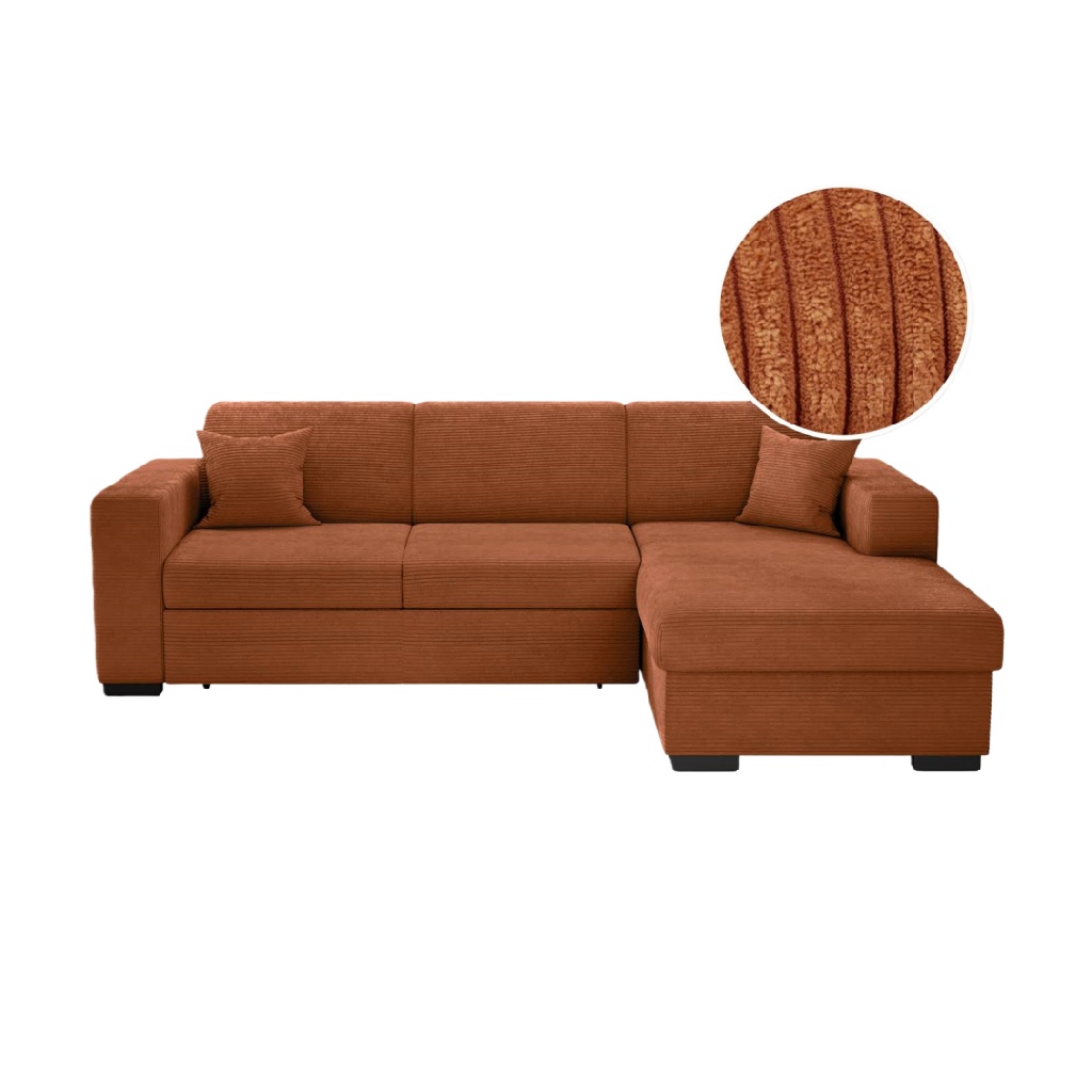 Canapé d’angle convertible en velours côtelé couleur caramel