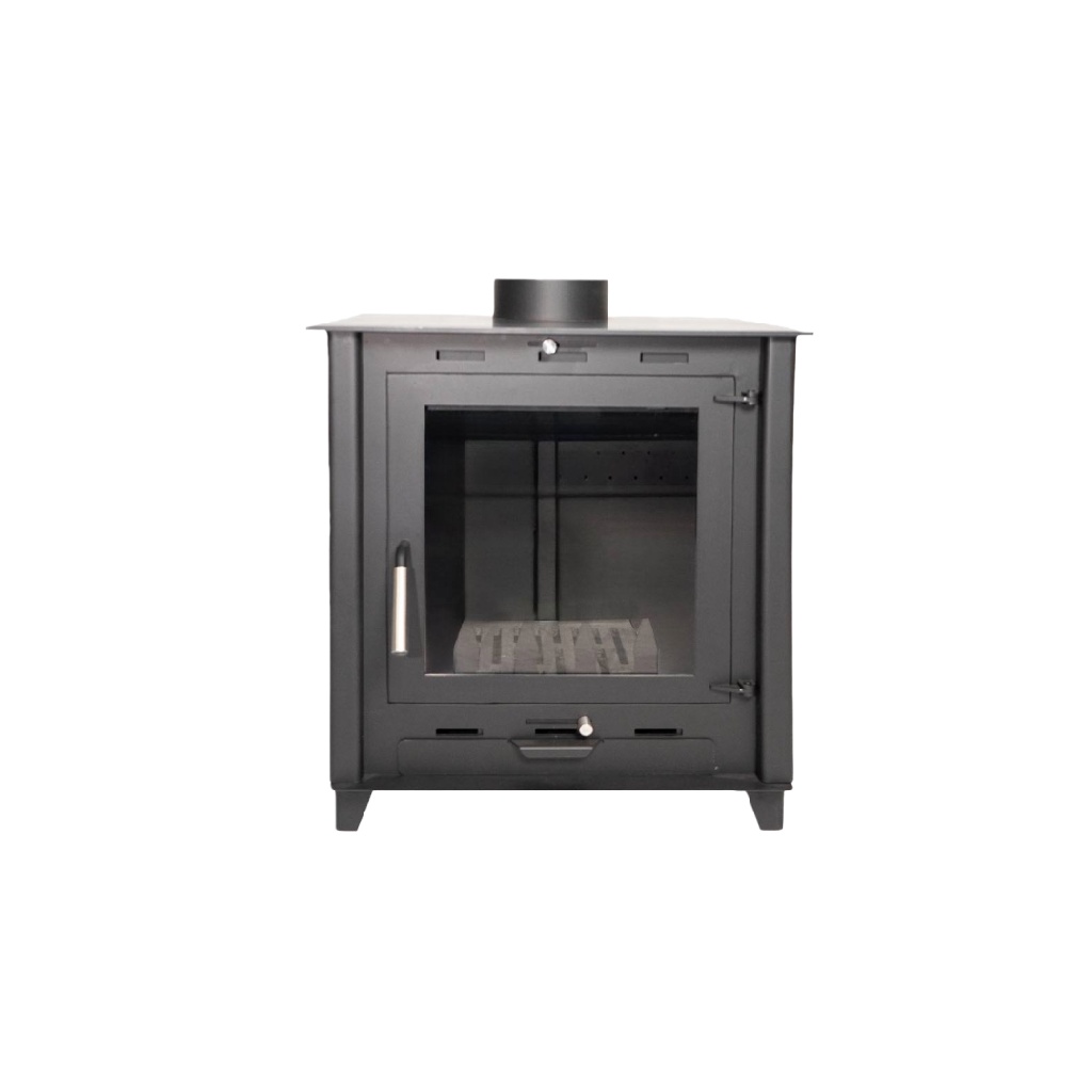 Poêle à Bois Rectangulaire en Acier Noir – Chauffage 10 kW – Design Moderne avec Grande Vitre