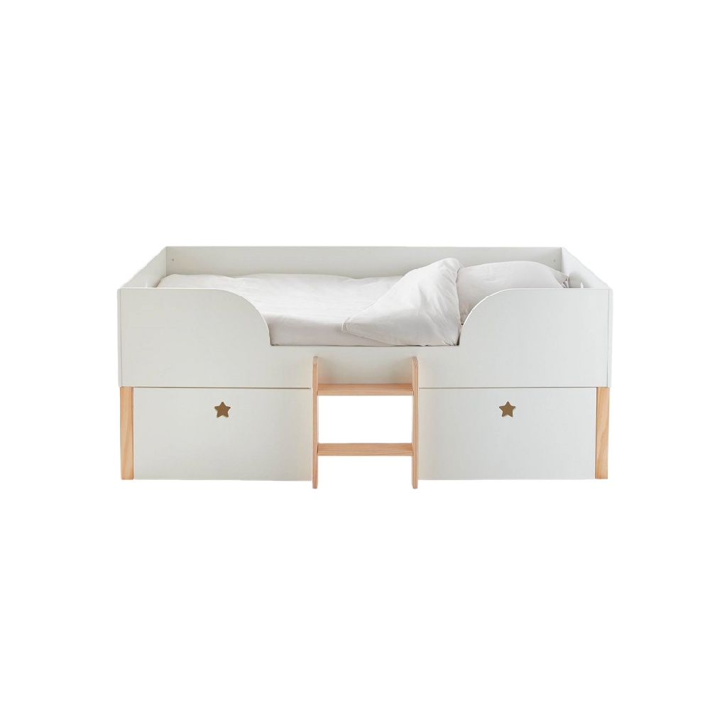Lit mi-hauteur pour enfant avec tiroirs — Design étoile — Bois naturel et blanc