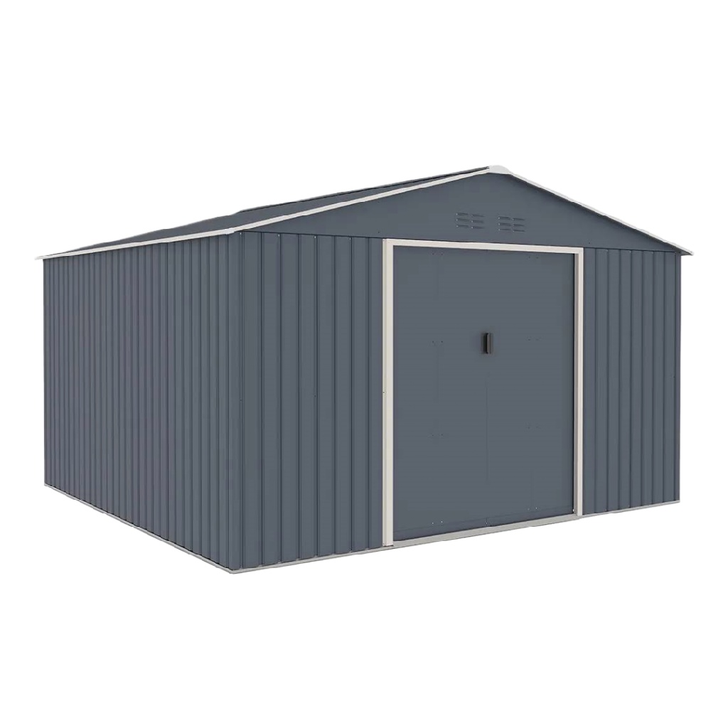 Grand abri de jardin en métal gris anthracite avec double porte coulissante