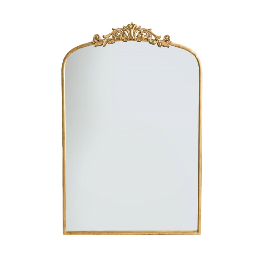 Miroir mural doré en arche avec ornement sculpté, style baroque français, 120 × 80 cm