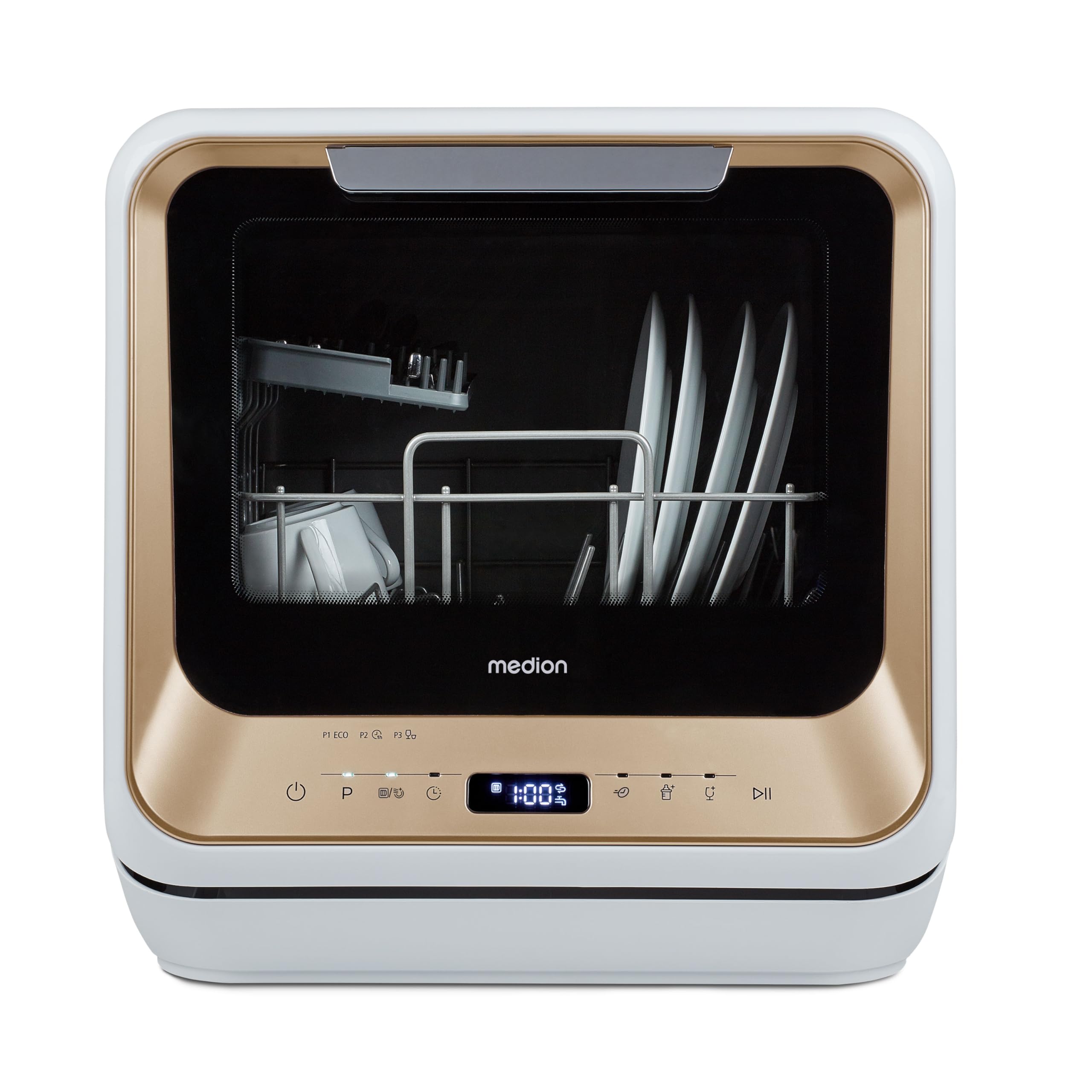 MEDION Mini lave-vaisselle DWT20 (lave-vaisselle de table, lave-vaisselle, 2 couverts, fonctionne avec/sans raccordement à l'eau, 6 programmes de nett