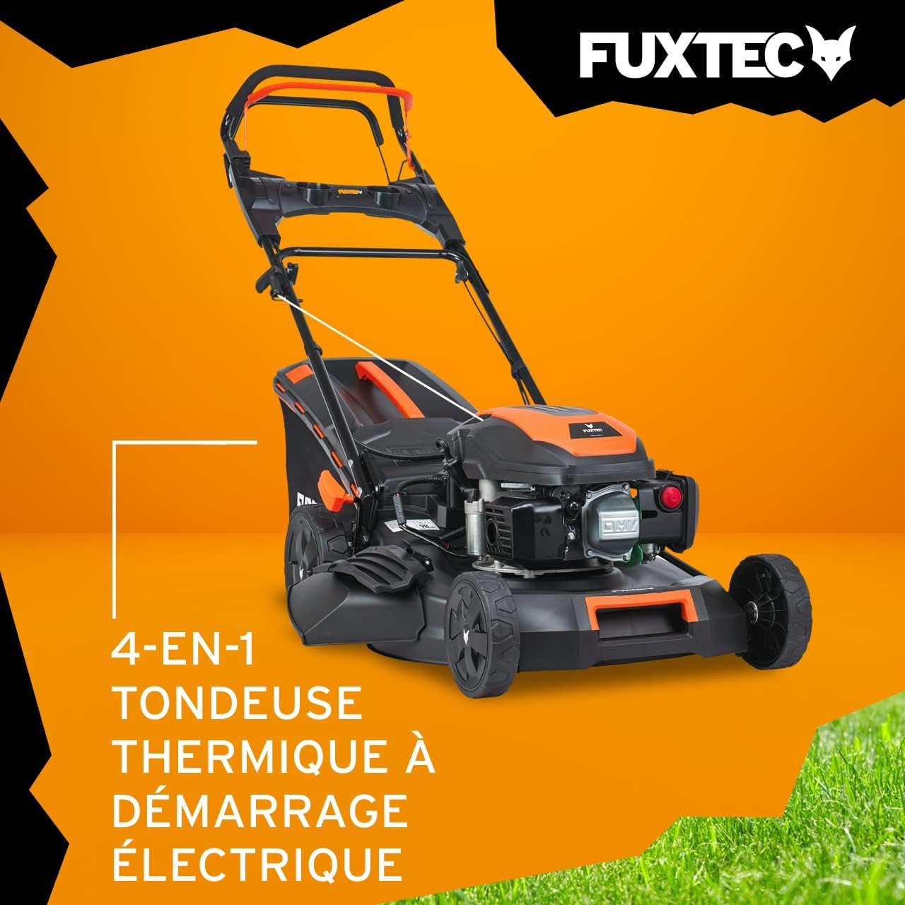 FUXTEC Tondeuse Thermique Autotractée Démarrage Électrique FX-RM5170eS 4en1-170cm3 4CV | 4 Temps Largeur De Coupe 51cm, Hauteur 7 Positions, Bac 60L, Fonction Mulching, Éjection Latérale Noir, Orange