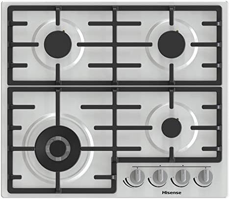 Hisense GM663XB Plaque de cuisson à gaz, 4 zones de cuisson, largeur 60 cm, brûleur wok double couronne et grilles en fonte, allumage intégré, anti empreintes digitales en acier inoxydable : Gros électroménager