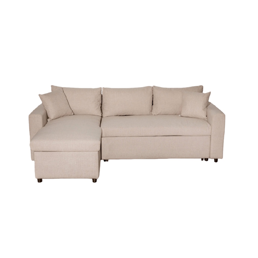 Canapé d’angle convertible avec coffre de rangement en tissu beige – design scandinave 3 places