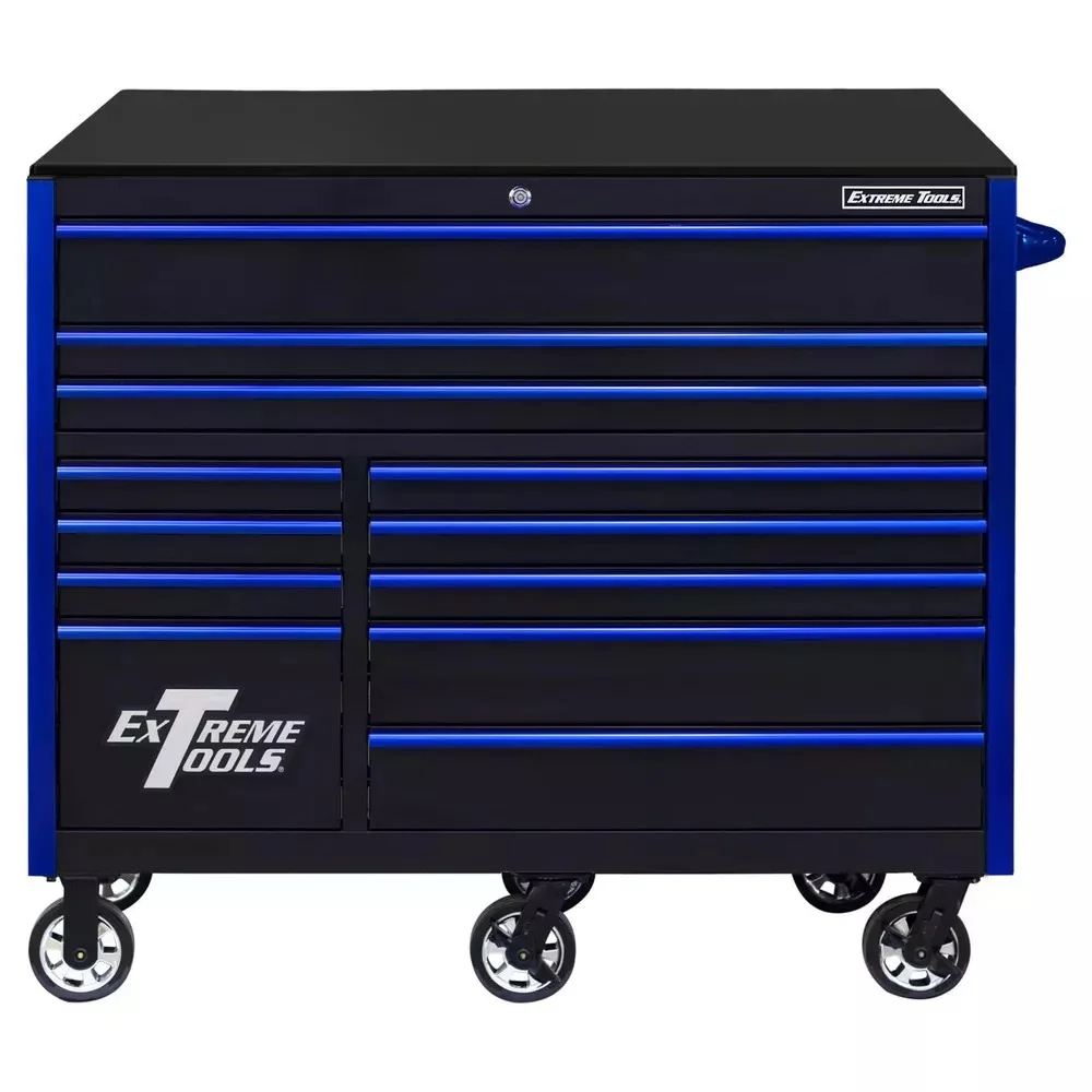 EXTREME TOOLS RX SERIES 55 12-DRAWER ROLLER - BLACK W/BLUE DRAWER PULLS