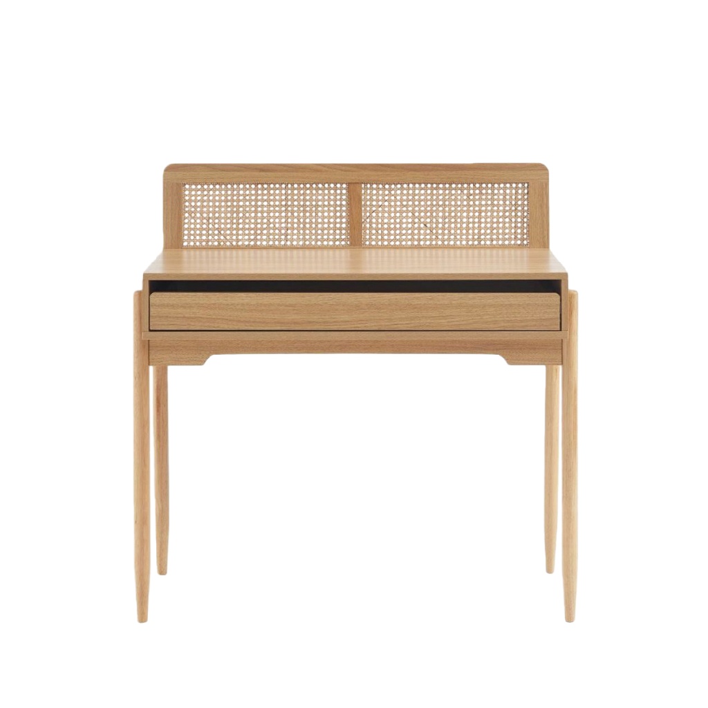 Bureau en bois avec tiroir et dossier en rotin – style naturel