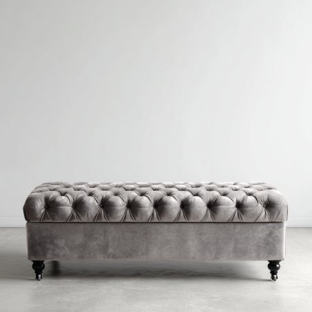 Banc rectangulaire en velours gris avec boutons capitonnés