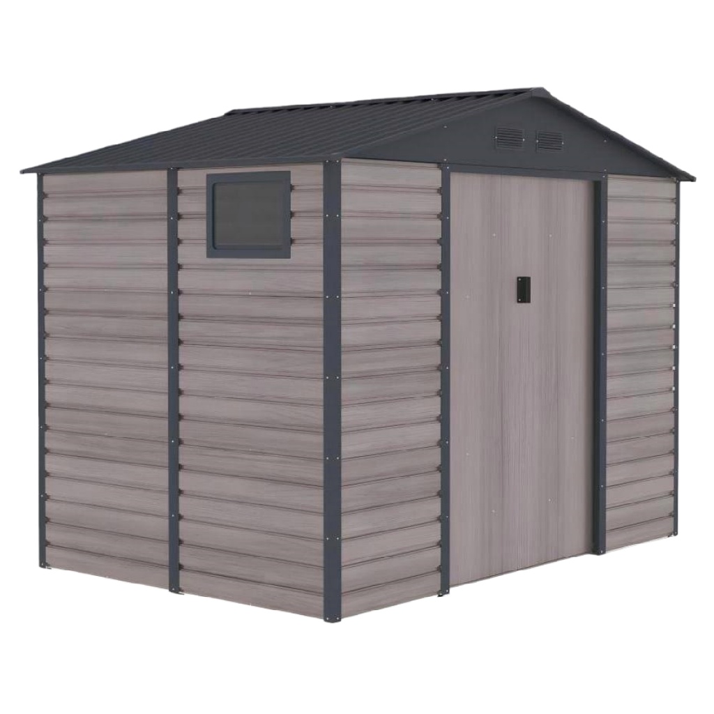 Abri de jardin en métal effet bois gris – double pente – cabane extérieure avec fenêtre et porte coulissante