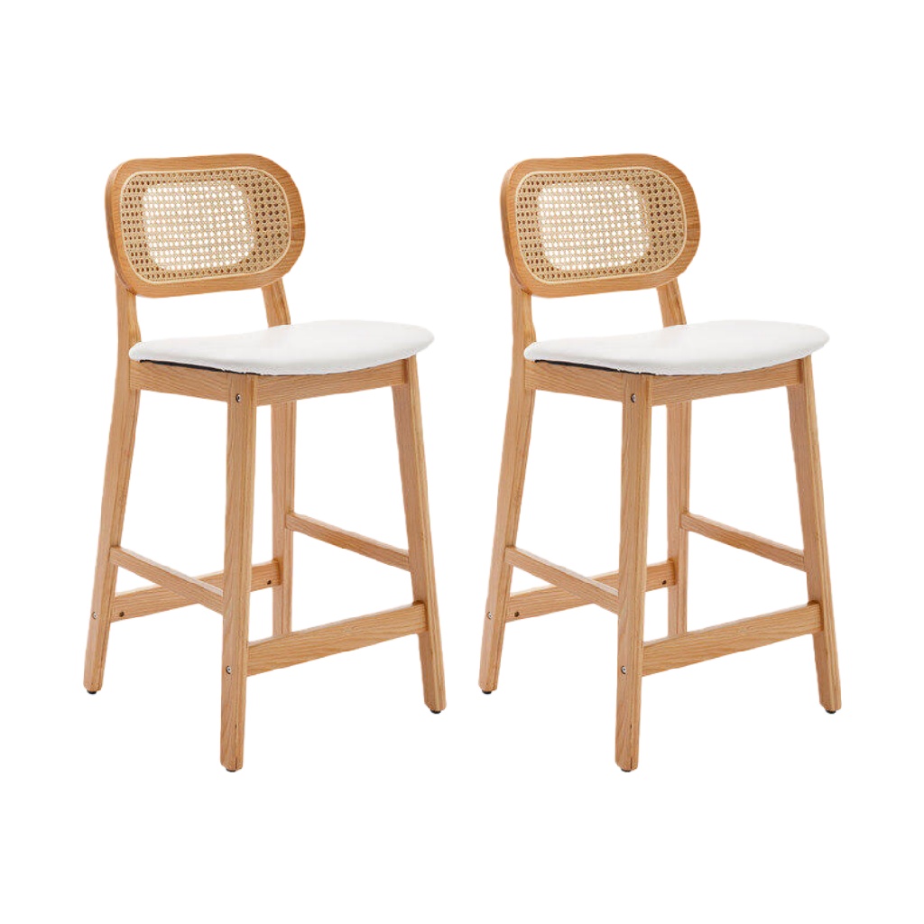 Lot de 2 tabourets de bar en bois clair et cannage avec assise blanche