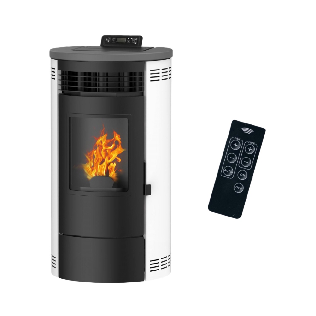 Poêle à Granulés de Bois Cylindrique – Chauffage 9 kW – Télécommande et Panneau Digital – Blanc et Noir
