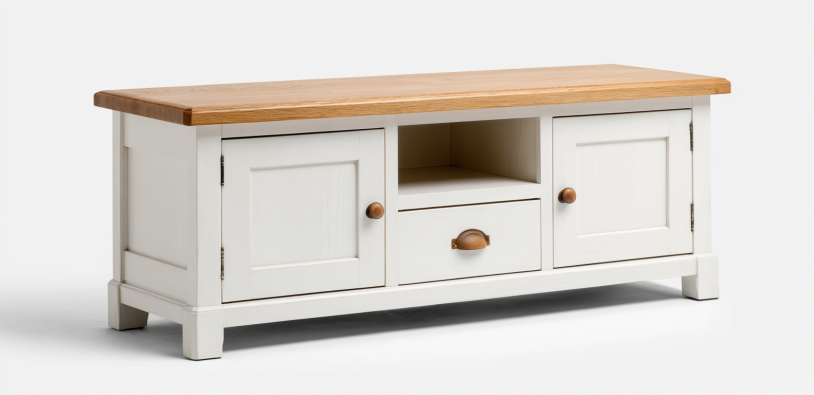 Meuble TV en bois blanc avec deux portes et un tiroir